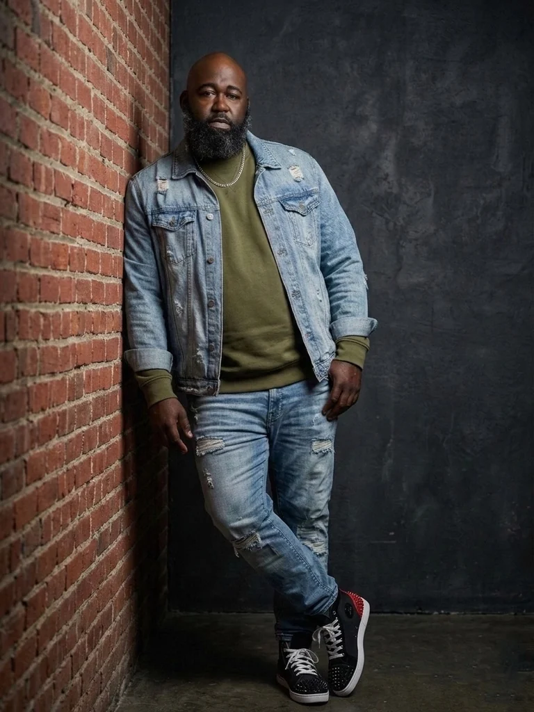 Gabriel in denim beside an exposed brick wall.