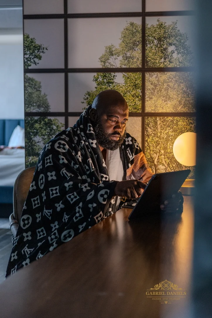 Gabriel using a tablet at a table illuminated by a warm round lamp.