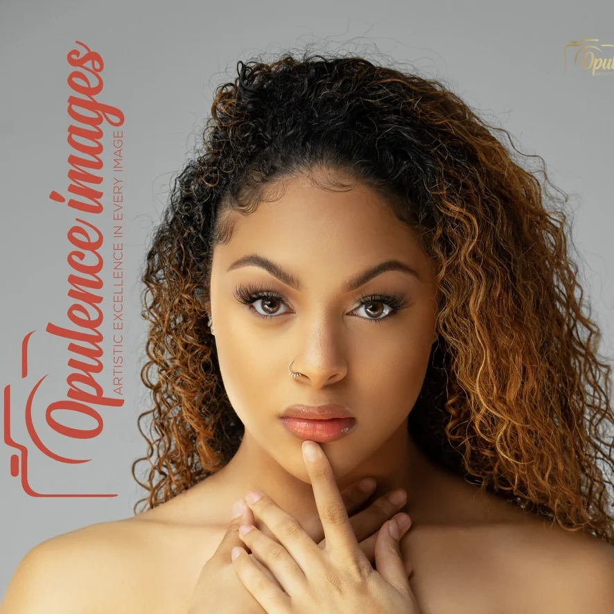 Close-up beauty portrait with Opulence Images branding